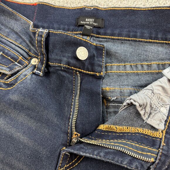 True Religion Ricky Jeans 33x33 Big T Relaxed Straight Flap Pocket Blue Denim - Picture 5 of 14